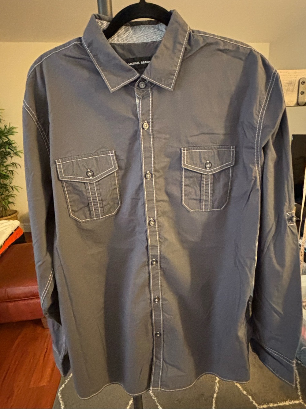 Michael Brandon Men's Gray Long-Sleeve Button-Down Shirt with Chest Pockets
